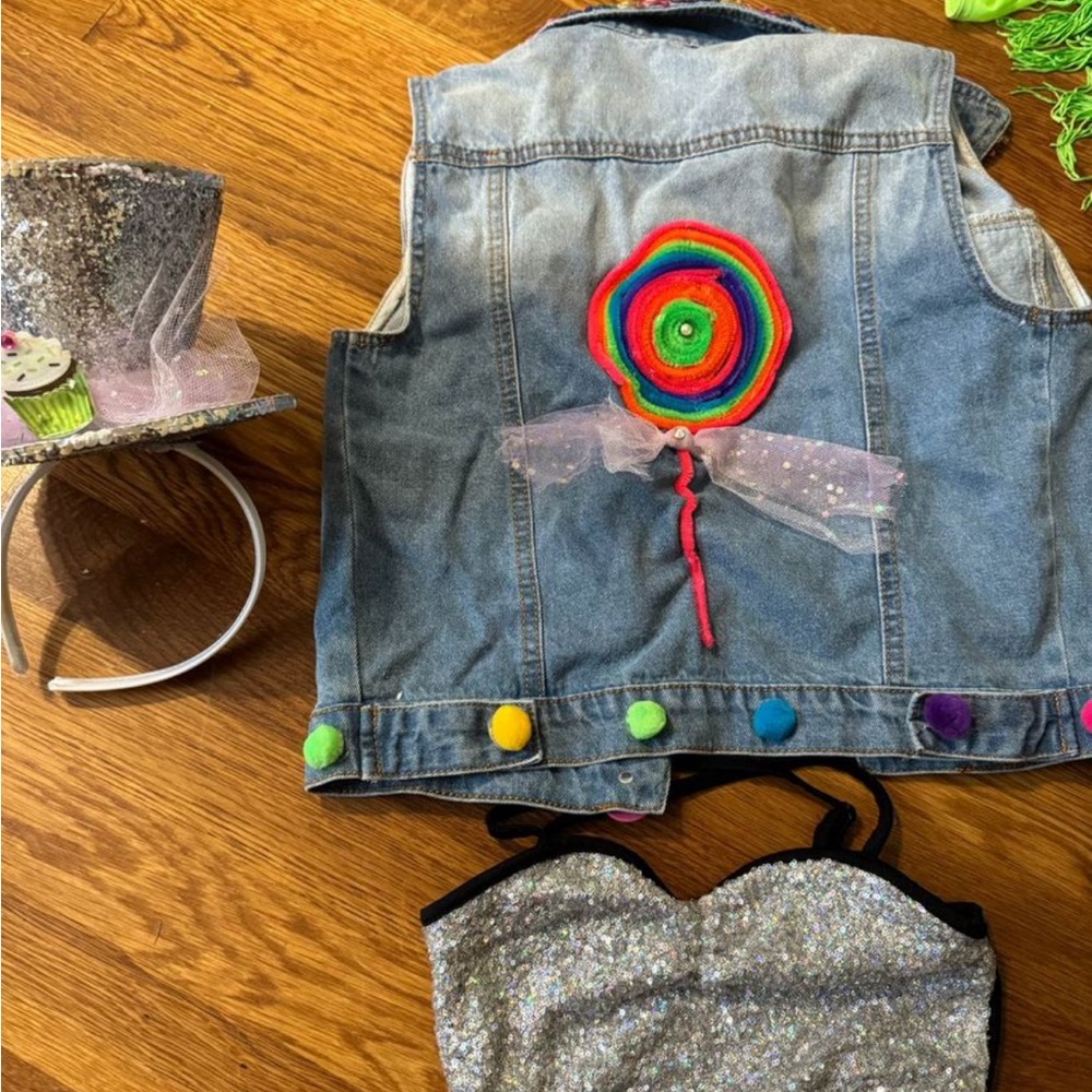Candy land bra top jean jacket with hat head band size MC